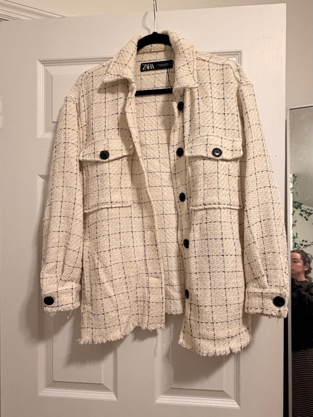 Zara Cream Tweed Checked Shacket with Black Buttons